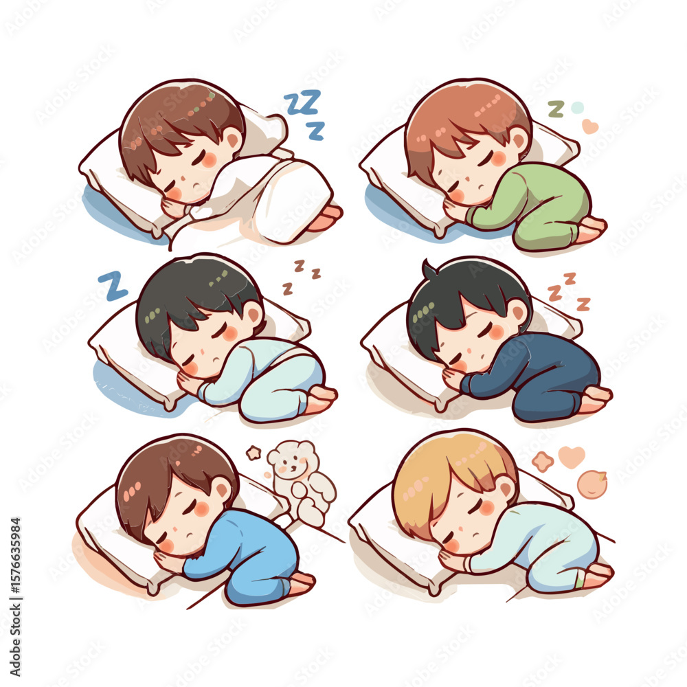 Collection of Chibi Style Boys Sleeping Peacefully in Bed Vector Illustration Collection of Chibi Style Boys Sleeping Peacefully in Bed Vector Illustration
