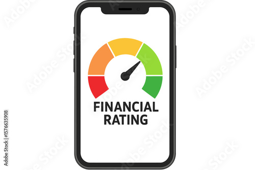 Financial Rating Gauge on Smartphone Screen. Credit Score Meter from Poor to Excellent. Vector Illustration for Mobile Banking, Finance App, Personal Finance, Credit Assessment, Financial Health Check