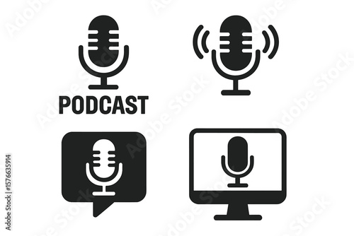 Podcast microphone icons set. Audio recording, radio show, webinar, online training, webcast, audio blog, streaming, broadcasting. Flat vector illustration for media, communication