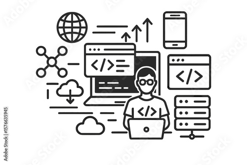 Programming and Network Technology Progress with Internet Devices, Servers, Data Flow, and Website Development Concepts, Vector Illustration on Transparent Background