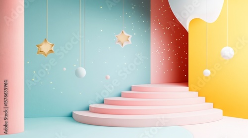 Magical Stairway to Dreams: Pastel Podium with Stars and Geometric Shapes