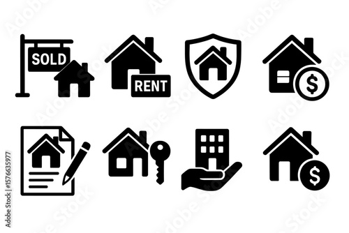 Real Estate Icons Collection for Web and Mobile Apps. House Sale, Rent, Property Purchase, Mortgage, Insurance, Home Loan, Investment, Real Estate Agent, Contract, Key, Finance