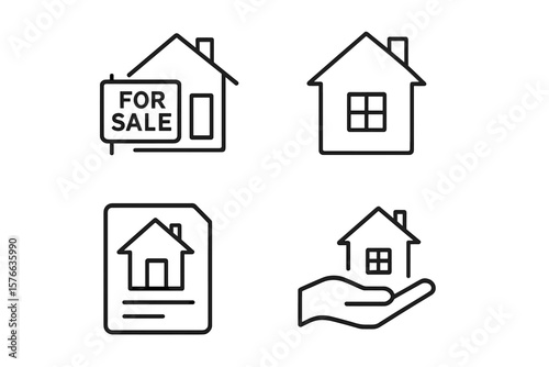Real estate icons set. Line style vector illustration of house for sale, property document, home insurance, realty investment, mortgage, rental, housing, real estate agent, transparent background
