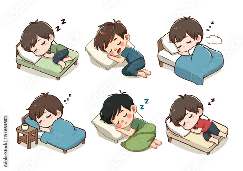 Set of Flat Vector Sleepy Boys with Pillow and Blanket on White Background