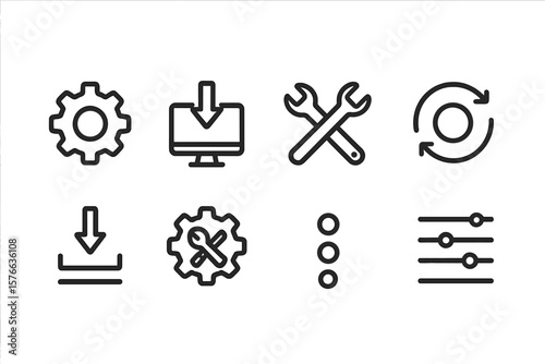 Setup Icons for Web and Mobile Apps: Settings, Installation, Maintenance, Update, Download, Configuration, Options, Control. Vector Illustration for UI/UX and Digital Projects