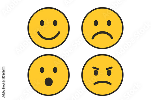 Set of 4 Emoticon Face Icons with Different Emotions and Moods, Flat Emoji Vector Illustration, Smile and Expression Icons, Isolated Transparent Background