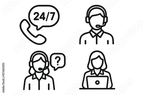 Customer support service icons set. 24/7 hotline, technical support, call center operator, online consultation, client assistance, help desk, secretary, consultation vector