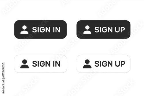 Sign In and Sign Up Buttons Set of 4, Flat Style User Interface Web Buttons for Login, Registration, Mobile App UI, Vector Illustration for Website and App Design