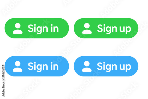 Modern Sign In and Sign Up Web Buttons Set. Flat User Interface Elements. Vector Login, Registration, Account Access Buttons for Website, App, UI Design. Green Blue Rounded Buttons Icon Pack