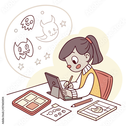 Creative young girl artist drawing cute monster characters on a digital tablet brainstorming ideas for her next illustration project at her desk