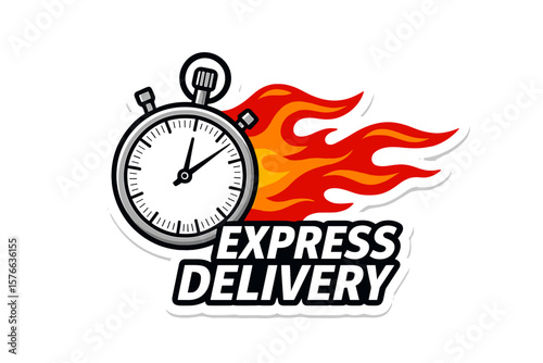 Express Delivery Stopwatch on Fire Vector. Fast Shipping Timer Icon. Urgent Courier Service Sticker. Quick Online Delivery Symbol. Speedy Logistics, Rush Order Concept Art