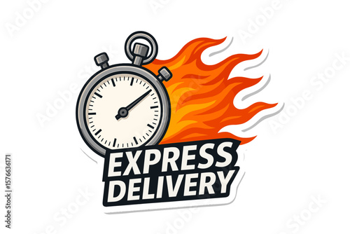 Stopwatch on fire express delivery sticker. Fast shipping timer icon. Urgent courier, online shipping, rapid logistics, quick order, same day, speedy parcel service vector
