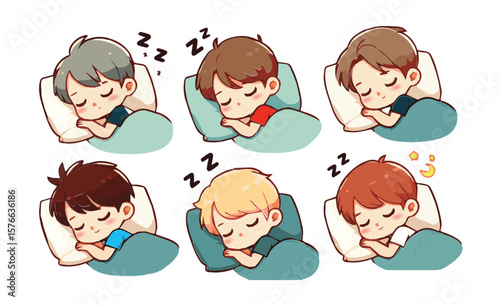 Vector Pack of Small Boys Sleeping Calmly with Pillow and Blanket
