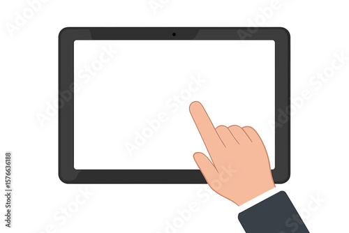 Touchscreen Tablet Interaction Concept. Hand Touching Digital Tablet Display. Modern Technology, User Interface, Touch Gesture, Mobile Device, Isolated Vector Illustration