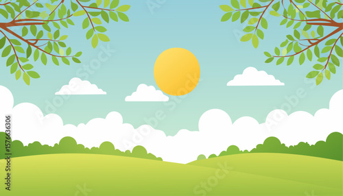 A beautiful summer day with a bright sun, clouds, and lush green landscape. The image is framed by leafy branches, conveying a sense of peace and harmony.
