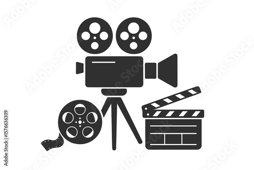 Vintage film camera and clapperboard icon. Movie production, filmmaking, video editing, cinema industry, film reel, director, media, studio, entertainment, recording, tutorial concept