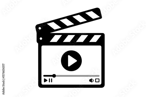Online video tutorial player icon. Clapperboard with play button. Media player interface for webinar, e-learning, training, education, video editing, film production, streaming