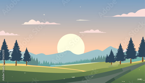 A serene landscape features a sunrise over rolling hills and trees, creating a peaceful atmosphere. The image uses a gradient of colors to enhance the beauty of the landscape.