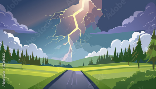A dramatic thunderstorm illuminates the landscape with a striking lightning bolt. A road leads through a scenic countryside, framed by lush trees and fields. 