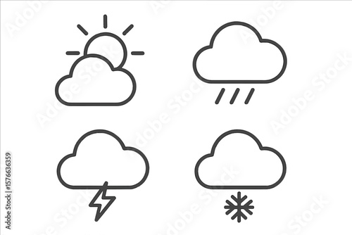Weather Forecast Line Icons Set. Sun Cloud Rain Thunderstorm Snow. Minimalist Outline Weather Symbols for Web and Mobile App. Vector Illustration Transparent Background