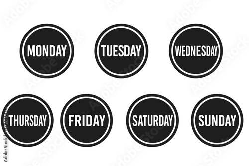 Modern Weekday Icon Set. Days of the Week Labels. Minimalist Circular Badges for Weekly Calendar, Schedule, Planner. Black and White Vector Icons. Transparent Background Design