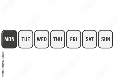 Modern Minimalist Weekday Calendar Buttons Set. Monday to Sunday Abbreviations. Black and White UI Elements. Weekly Planner, Schedule, Organizer, Digital Interface Design, Vector Illustration