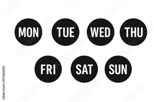 Modern Days of the Week Icon Set. Black Circle Weekday Badges. Minimalist Weekly Calendar Vector Icons. Monday to Sunday Abbreviations. Clean Design Isolated on White Background.