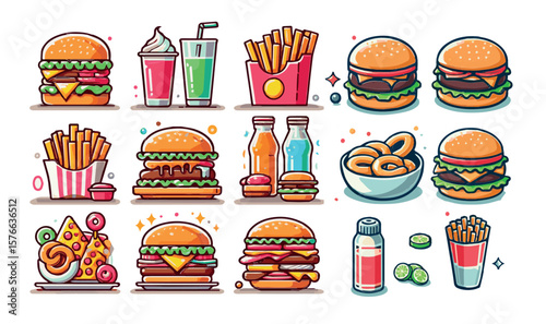 Set Colorful Vector Bundle of Fast Food Favorites – Burger, Drinks, Fries