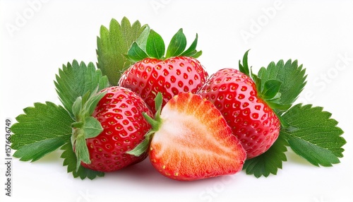 fresh red strawberry fruit with green leaf isolated on white background