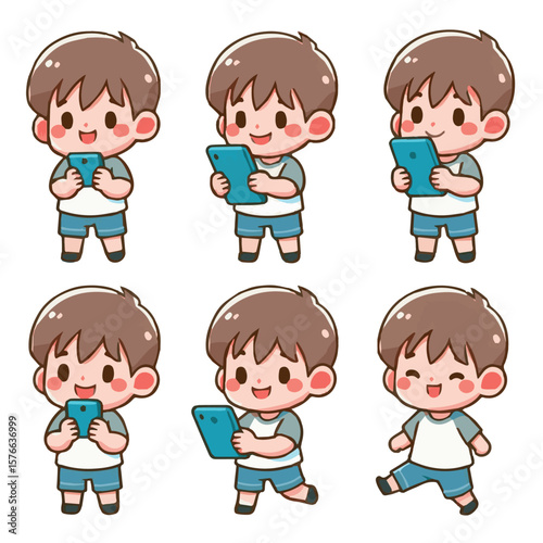 Flat Vector Boys Using Gadgets, Kids with Phones on White Background