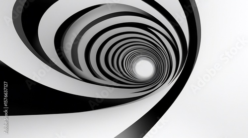 Black and white swirling tunnel perspective, abstract minimalist design