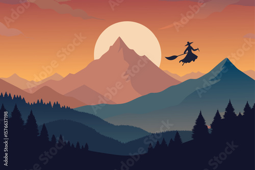fantasy style flying witch over mountains during  (1).eps