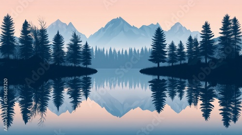Serene lakeside mountain landscape mirroring in tranquil waters at twilight
