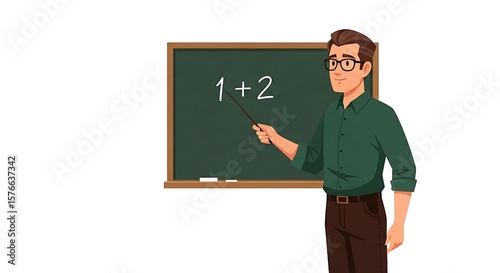Flat cartoon male teacher explaining on chalkboard, education concept.