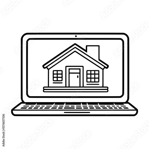 Laptop with house icon symbolizing digital real estate platforms and online property services