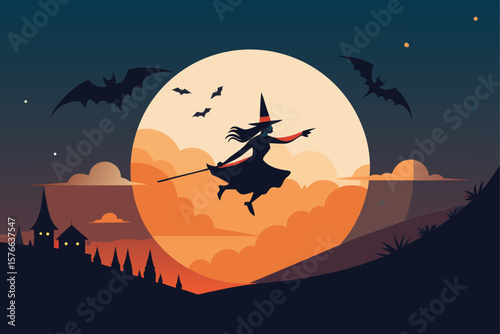 flying witch crossing halloween sky with light tr.eps