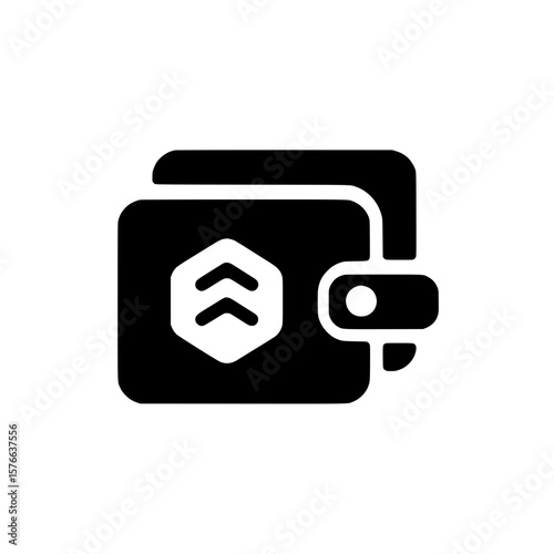 Digital wallet icon with layered cards and arrow badge representing mobile finance and secure transaction
