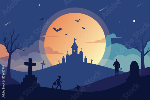 graveyard under halloween night sky with fog and .eps