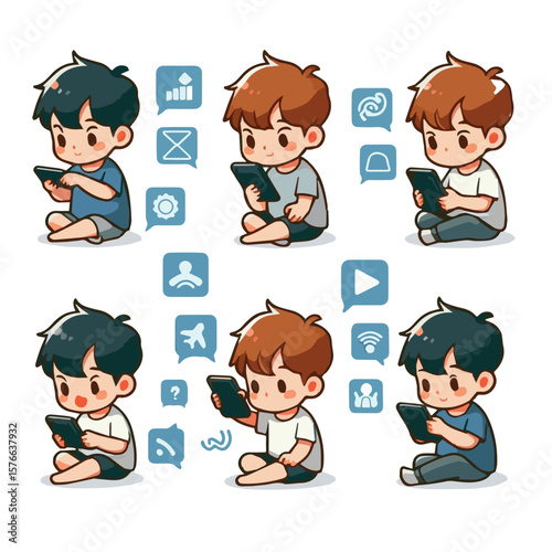 Vector Set of Cartoon Boys Holding Smartphones Isolated on White Background