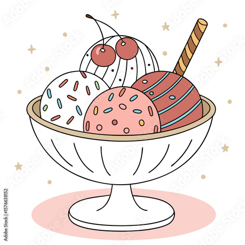 A charming illustration of a dessert bowl filled with colorful ice cream scoops topped with cherries and a wafer stick surrounded by whimsical stars