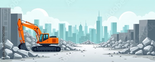 Flat design illustration shows excavator at deserted construction site with rubble, signifying economic downturn. Cityscape background includes skyscrapers under muted sky, suggesting project