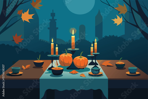 halloween party table decorated with dried leaves.eps