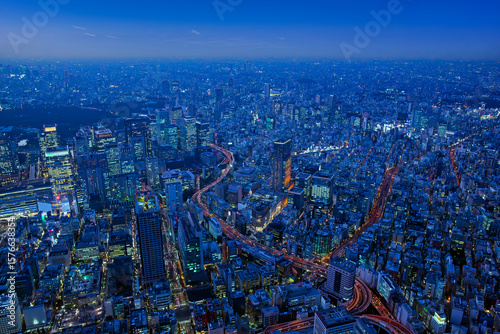 商業都市・日本橋周辺の商業ビルの夕暮れ
・三越前駅周辺と首都高速道路・Aerial view