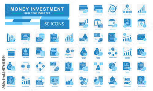 Money Investment dual tone icons set. contain account balance, asset growth, bank deposit, credit card, exchange rate, bank loan and more. Vector for modern concept, UI, UX, web and app development.