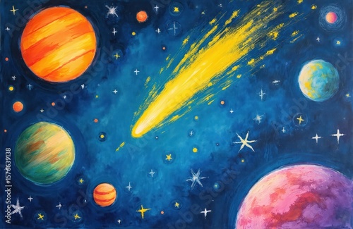 Fototapeta Naklejka Na Ścianę i Meble -  Childrens gouache drawing features yellow comet in blue space with planets. Colorful childlike artwork shows planets, stars, rocket, spaceship. Fun cosmic galaxy scene with brush strokes, gouache