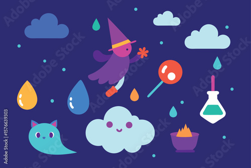 magical flying scene with witch  potions  cats  a.eps