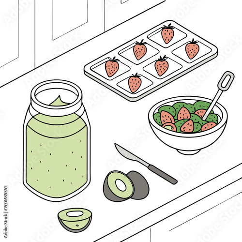 A healthy breakfast preparation scene featuring a jar of green smoothie a bowl of fruit salad with strawberries and kiwi whole and sliced avocados and a tray of strawberries