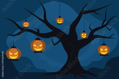 paper lanterns hanging from spooky tree with glow (1).eps