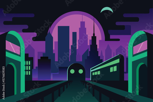 modern haunted city with ghost subway  neon light.eps