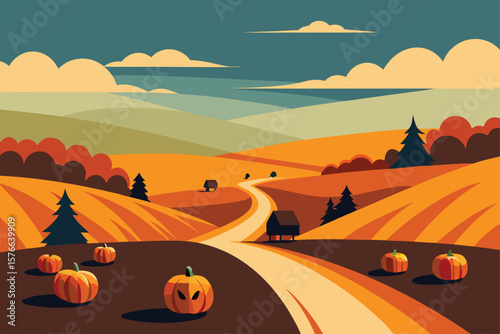 scenic pumpkin patch with rolling hills  hay bale.eps